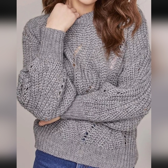 ASTR the Label Dora Pointelle Heather Grey Crew neck Knit Sweater puff sleeves - Picture 2 of 8